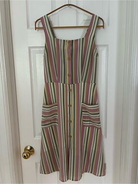 Monteau Sleeveless Vertical Stripe Midi Dress in Pink, Green and Cream